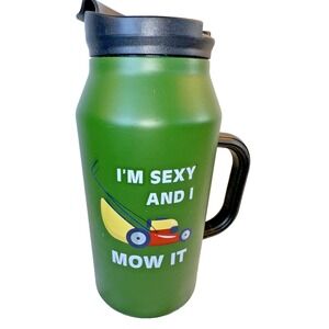 Insulated Travel Mug w/ Handle & Drink-Through Lid Green/Black "I Mow It" EUC